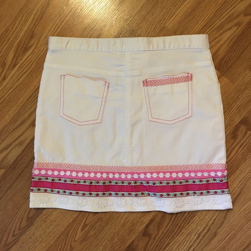 Vintage Lilly Pulitzer White Denim mini skirt Pink Grosgrain Ribbon Trim size 12 - Picture 2 of 5